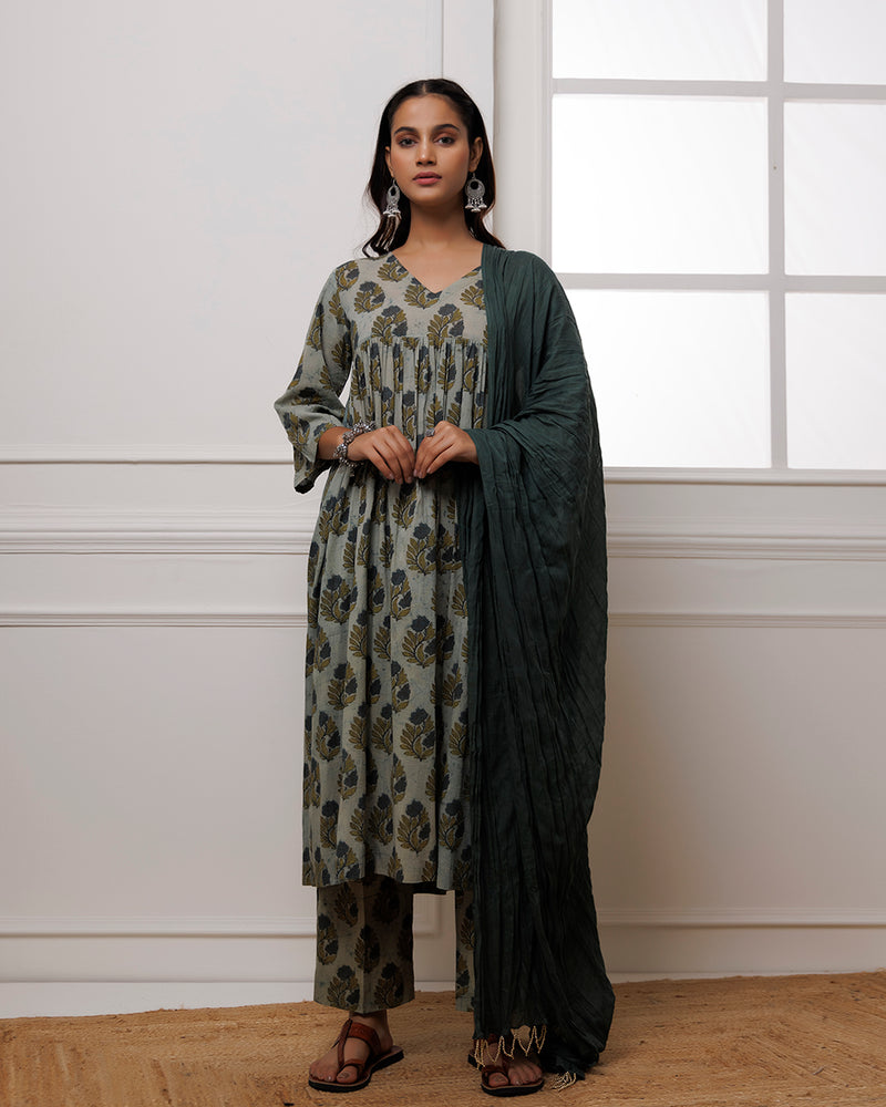 Noor Green Dabu Block Butta Printed Gathered Suit set