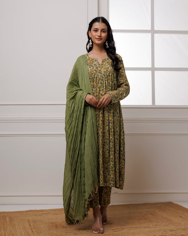 Noor Green Dabu Block jaal Printed Gathered Suit set