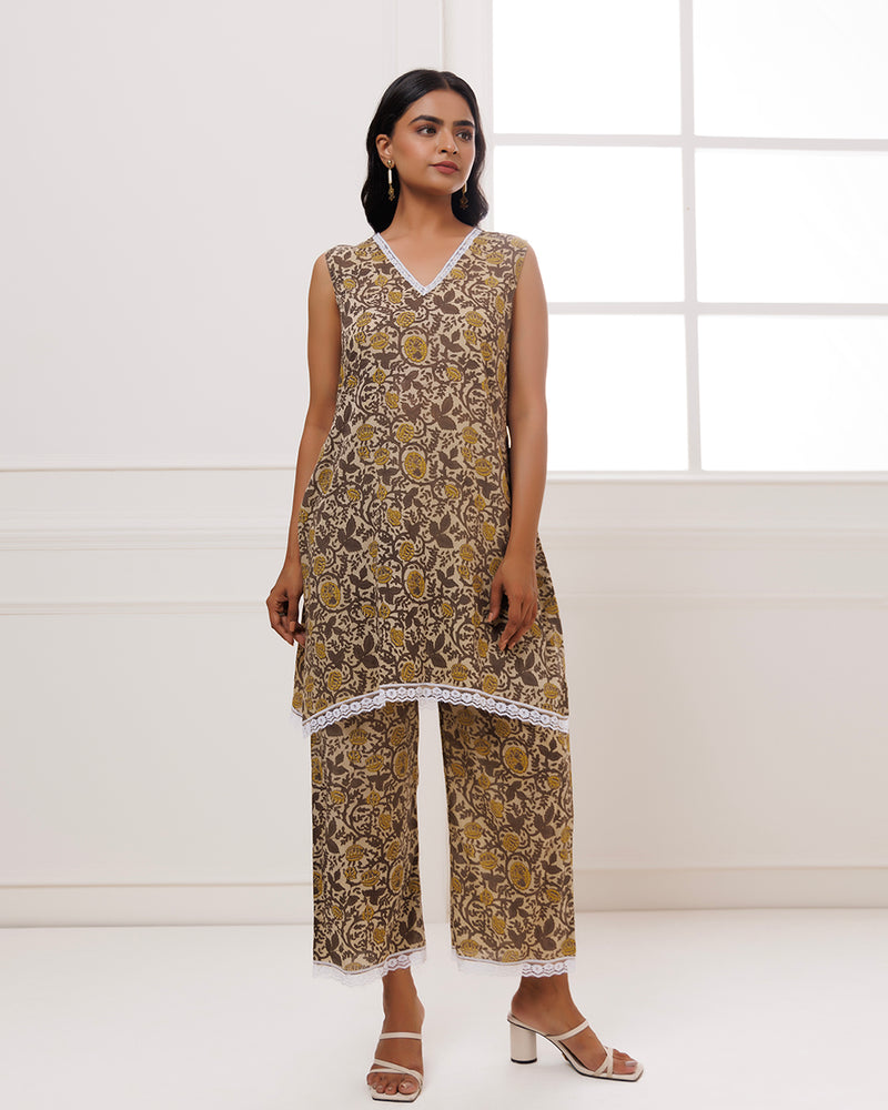 Noor Grey Dabu Block Jaal Printed Kurta Pant Set