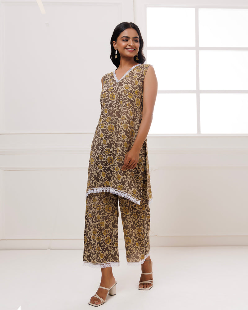 Noor Grey Dabu Block Jaal Printed Kurta Pant Set