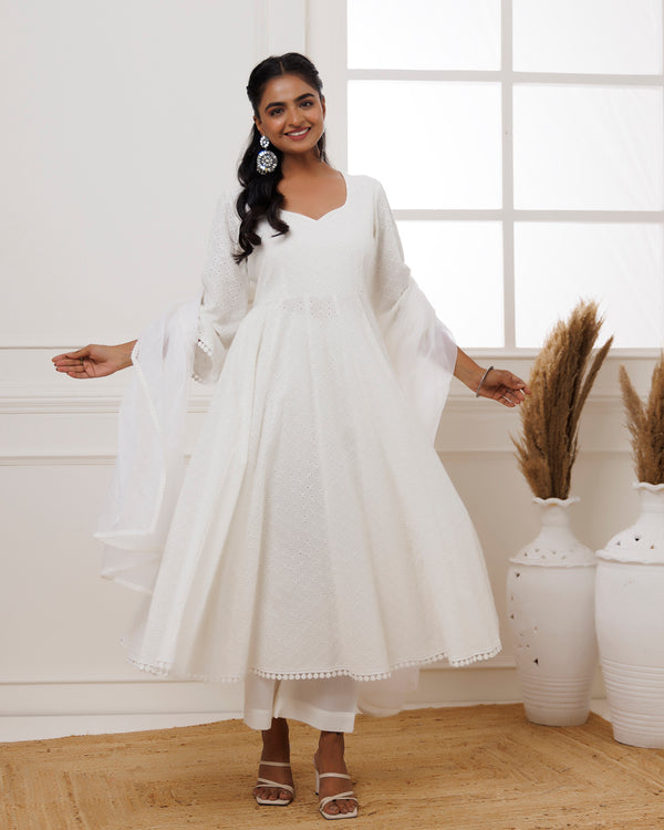 Ivory Schiffli Anarkali Suit Set