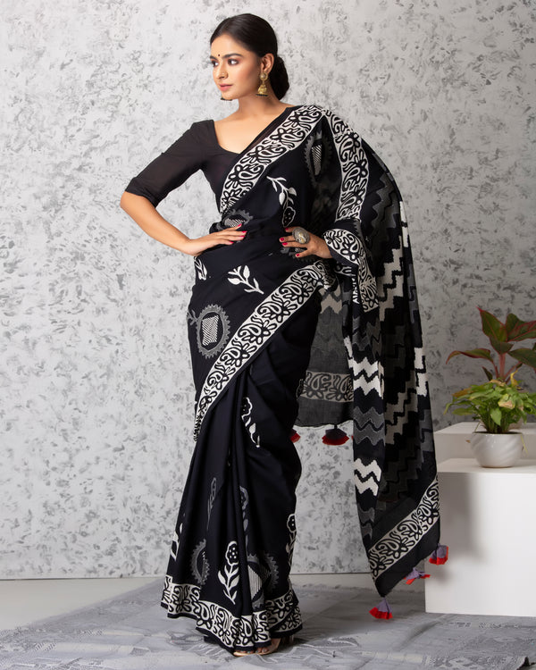 Camila Handblock Printed Mul-mul Saree