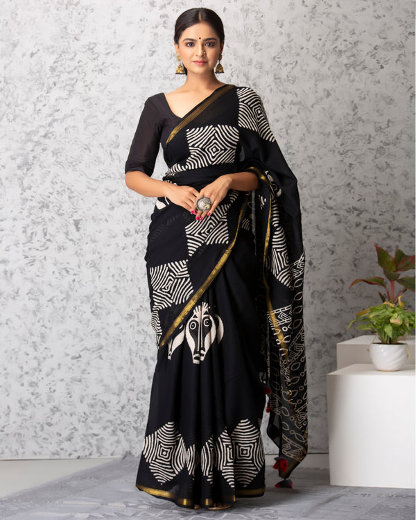 Zoe Handblock Printed Mul-mul Saree