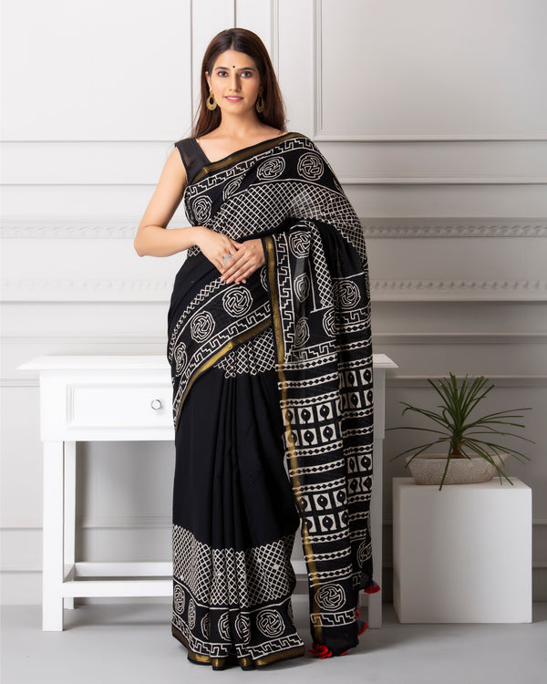 Alyssa Handblock Printed Mul-mul Saree