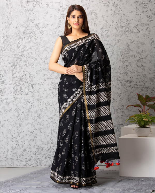 Diana Handblock Printed Mul-mul Saree