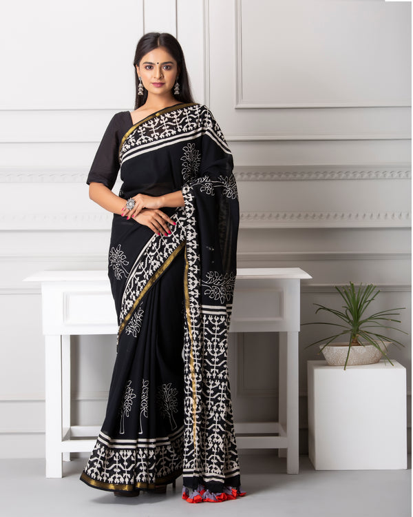 Elise Handblock Printed Mul-mul Saree