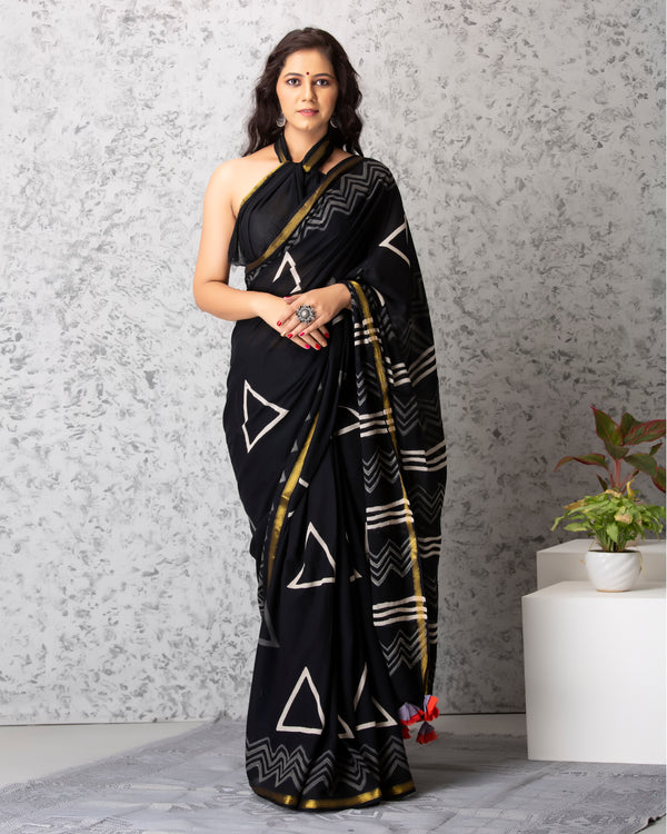 Elliana Handblock Printed Mul-mul Saree