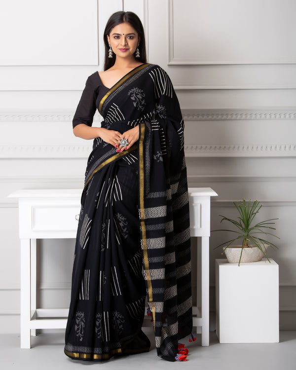 Kayla Handblock Printed Mul-mul Saree