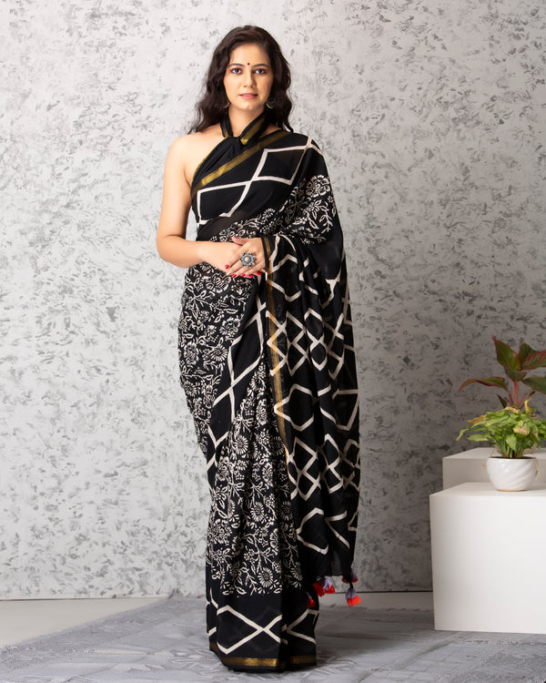 Laila Handblock Printed Mul-mul Saree