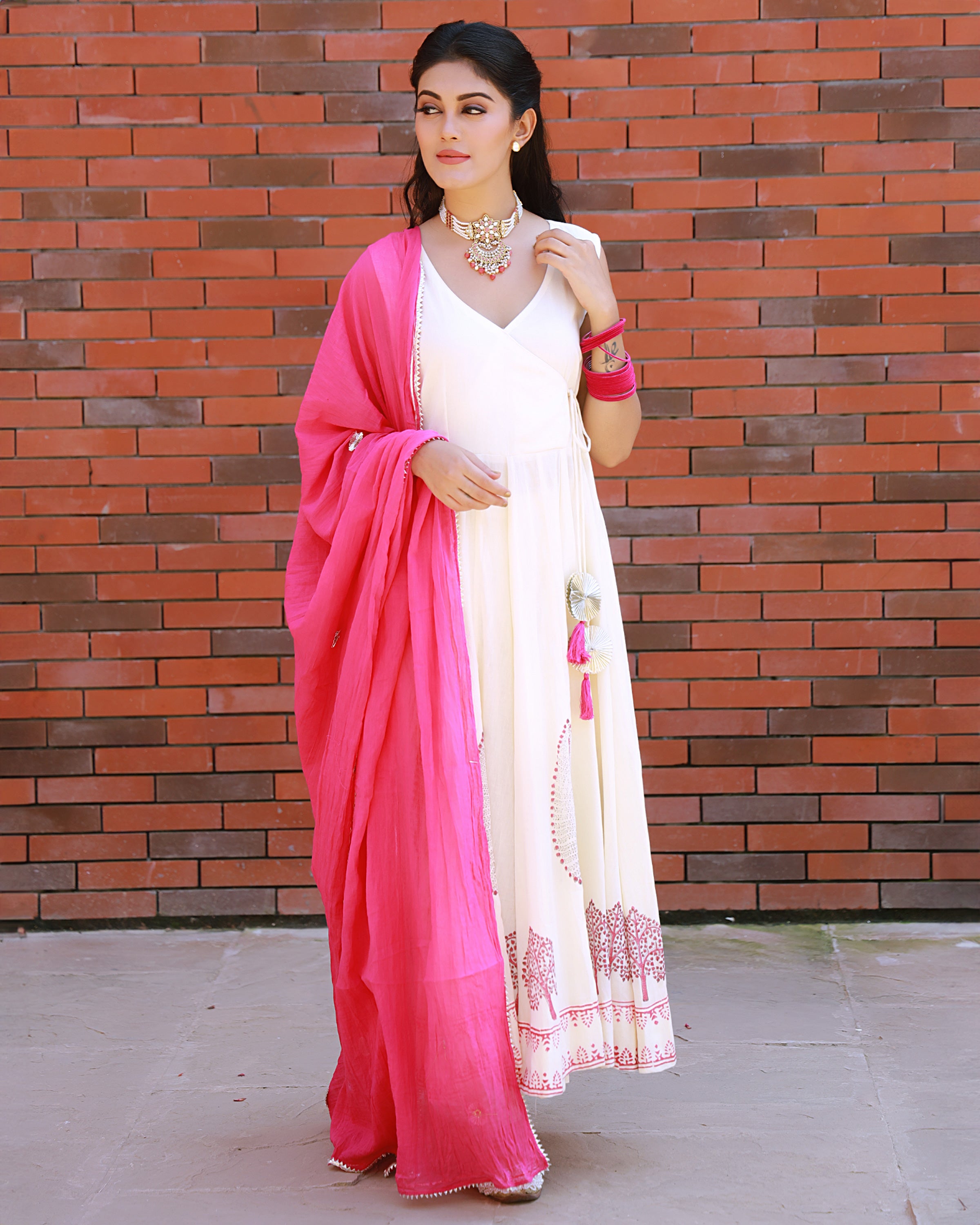 Magenta Hand Block Print Cotton Anarkali Suit Set with Gota work Dupatta