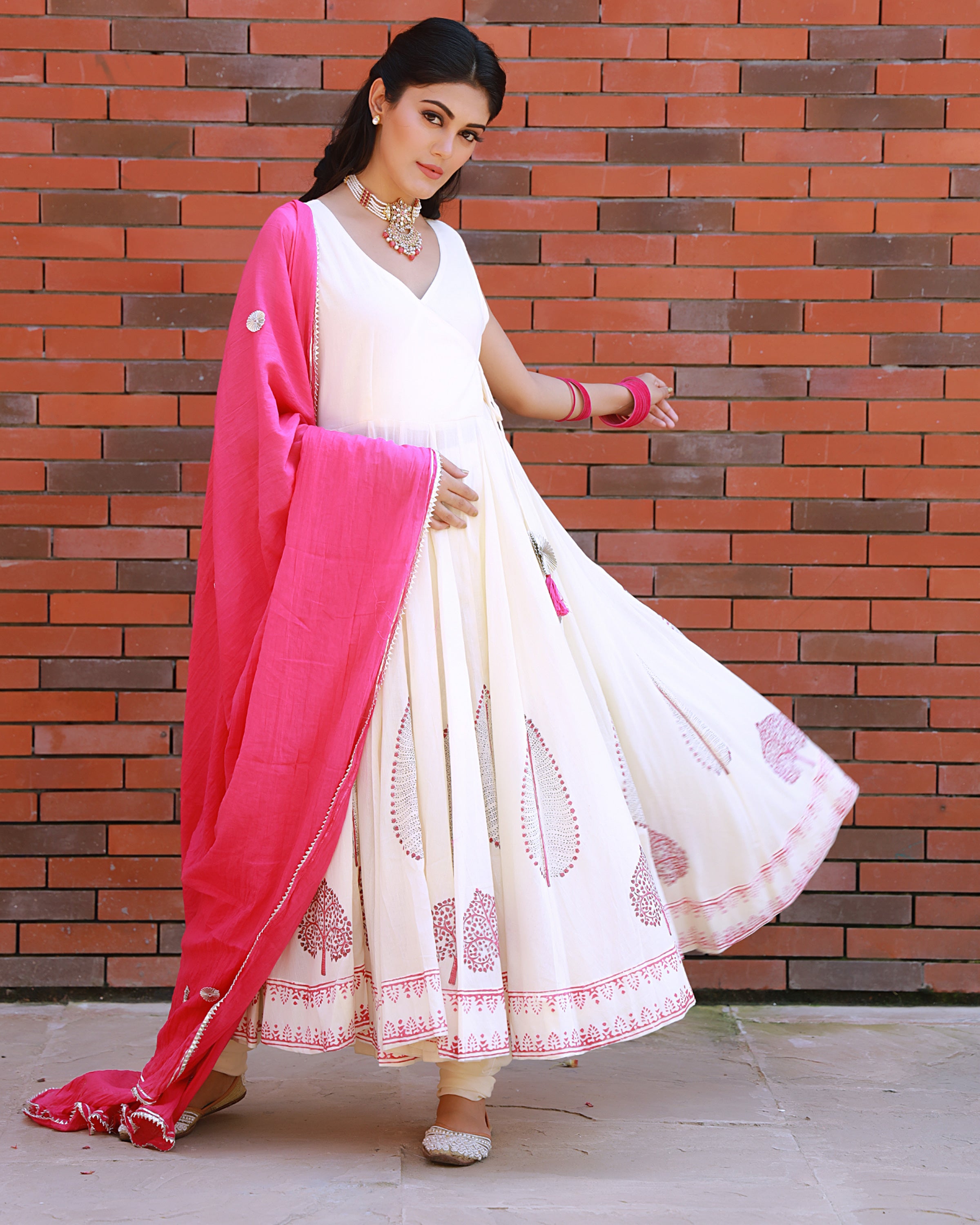 Magenta Hand Block Print Cotton Anarkali Suit Set with Gota work Dupatta