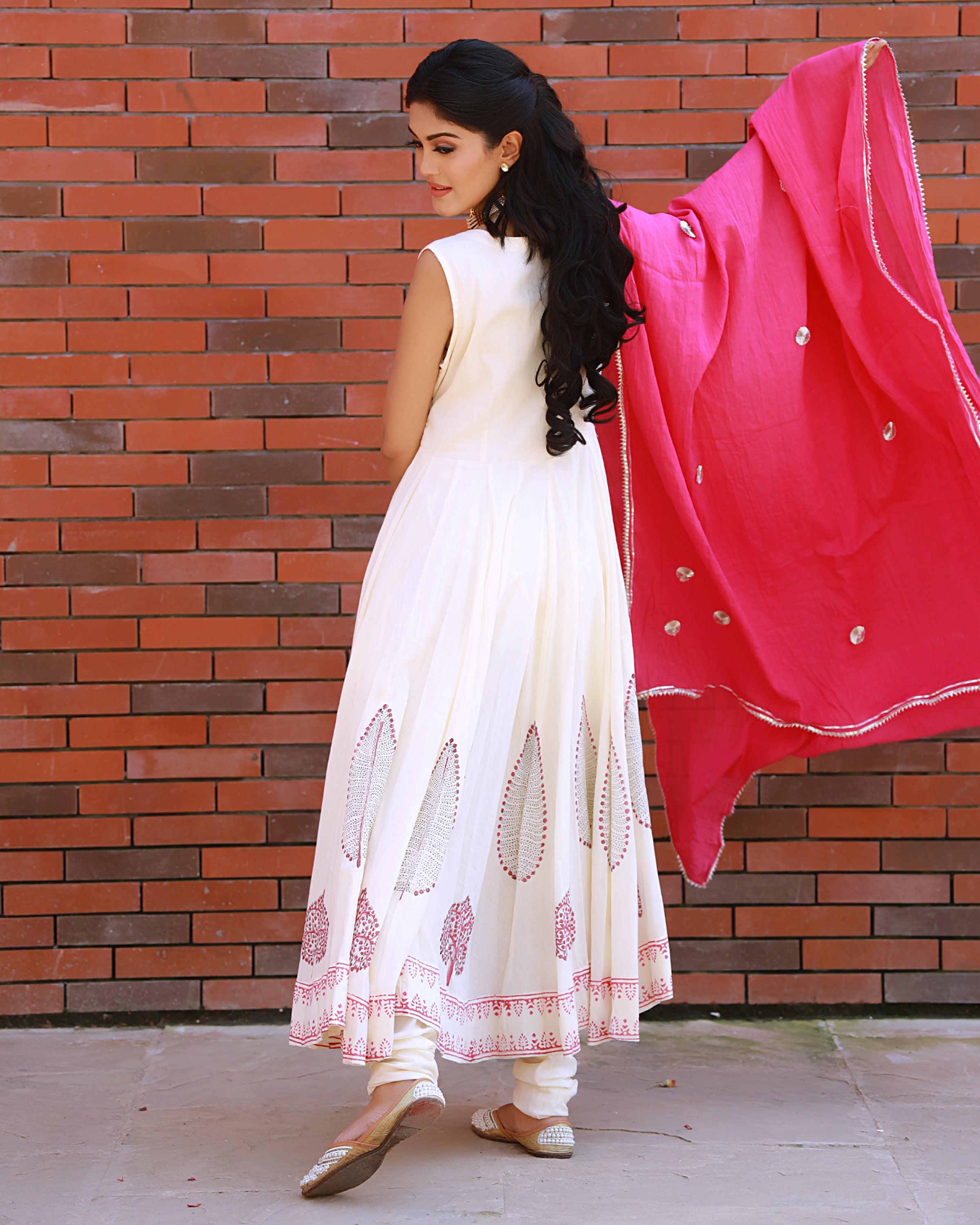 Magenta Hand Block Print Cotton Anarkali Suit Set with Gota work Dupatta