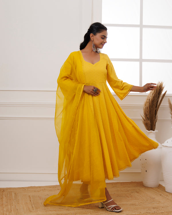 Mustard Schiffli Anarkali Suit Set