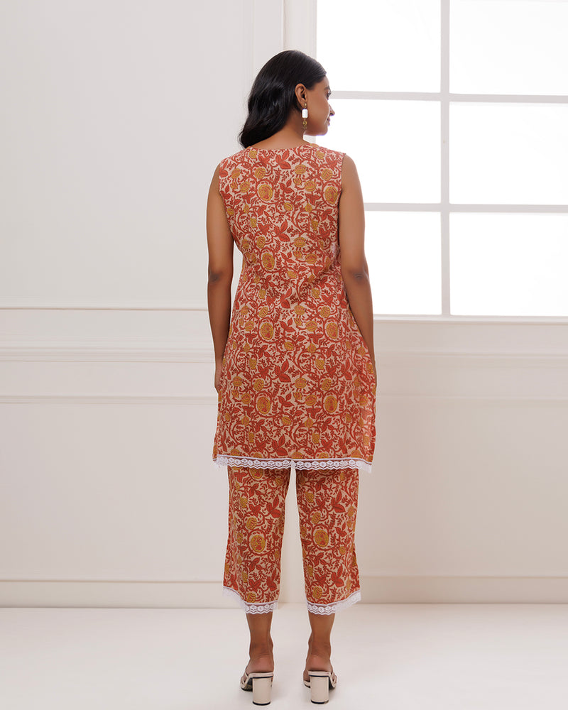 Noor Coral Dabu Block Jaal Printed Kurta Pant Set