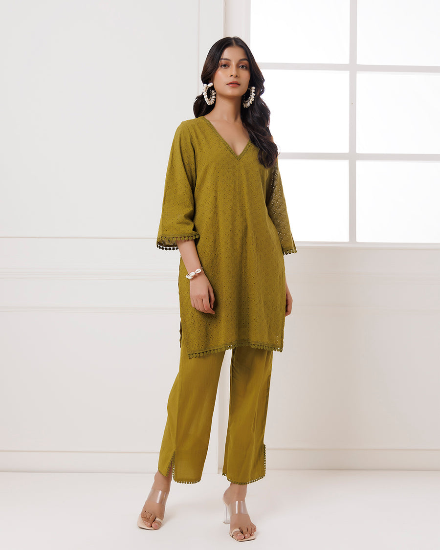 Olive Green Schiffli Kurta Set