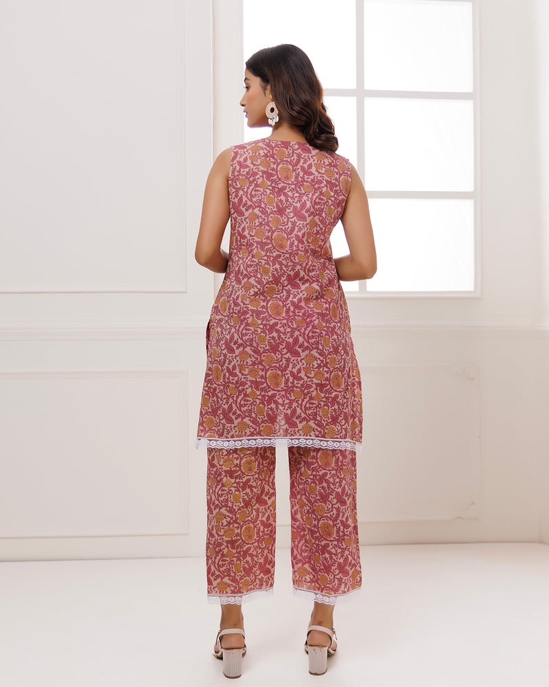 Noor Pink Dabu Block Butta Printed Kurta Pant Set
