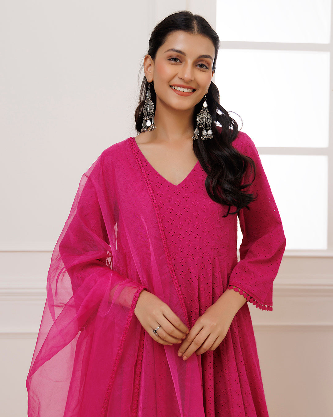 Pink Schiffili Cotton Anarkali Suit