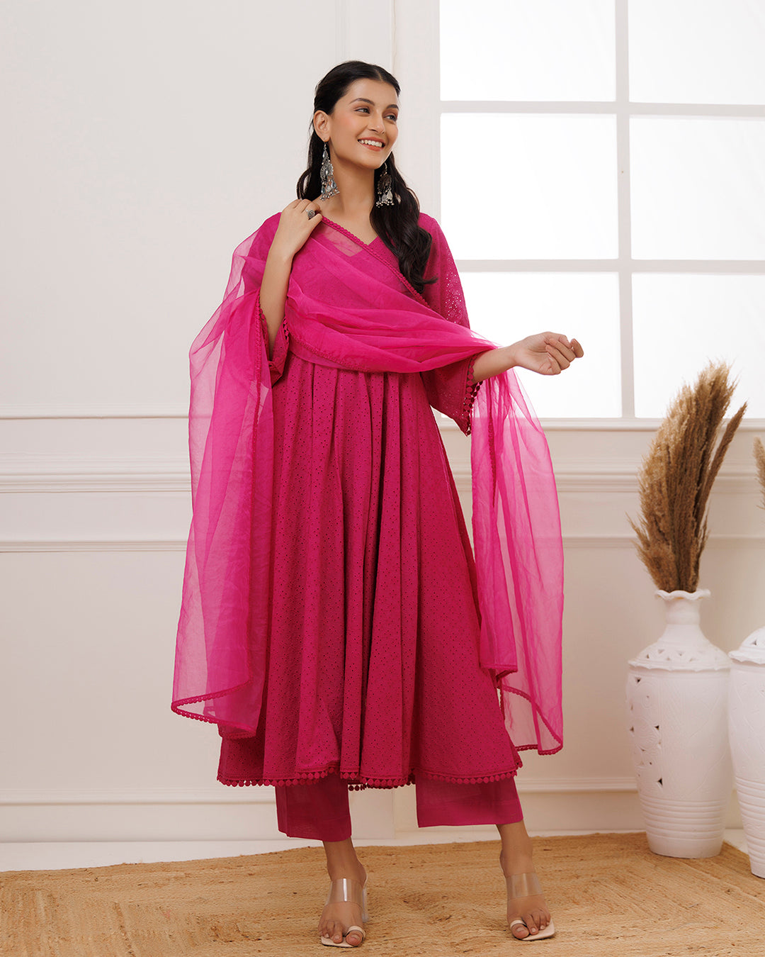 Pink Schiffili Cotton Anarkali Suit
