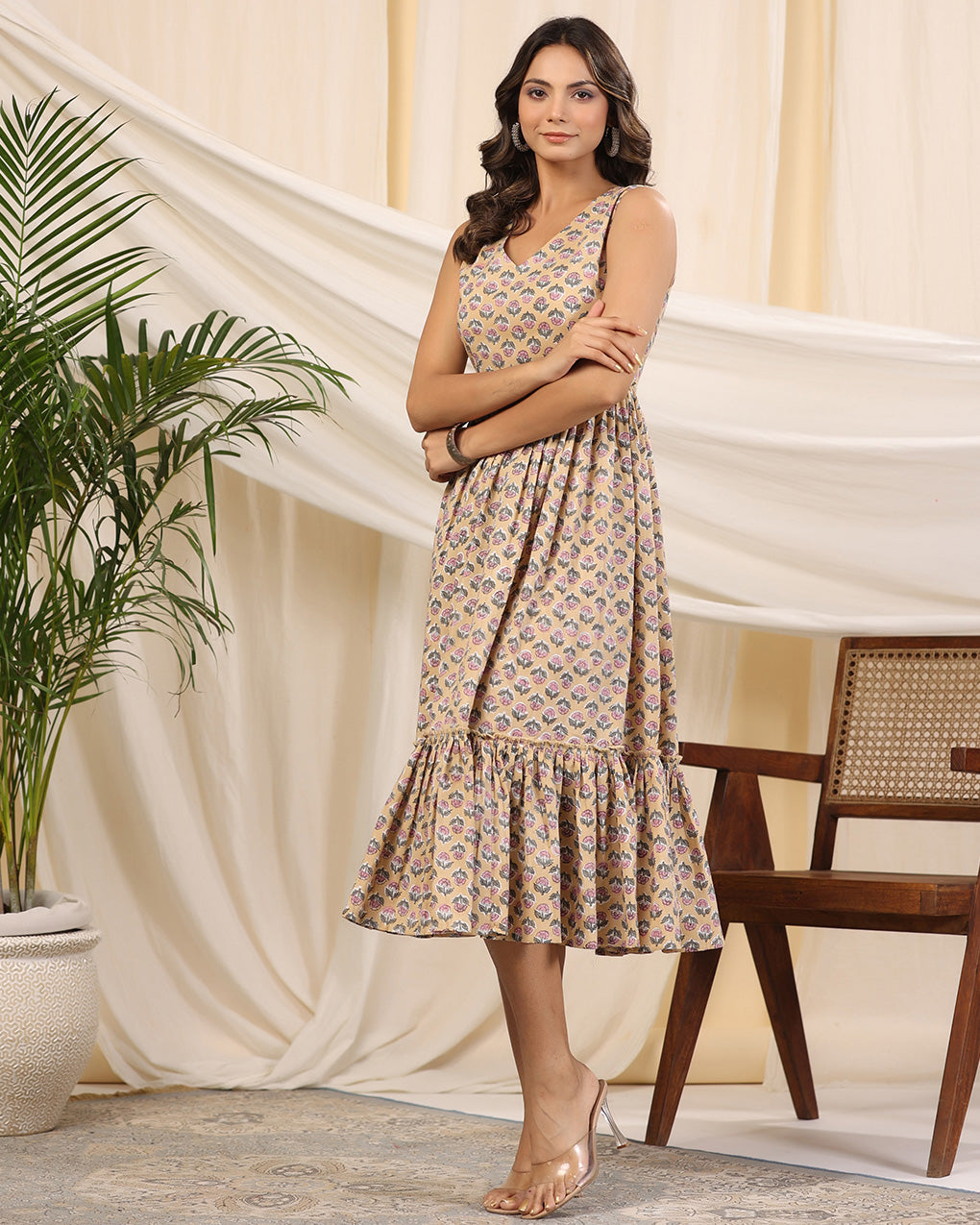 Beige Handblock Printed Cotton Dress