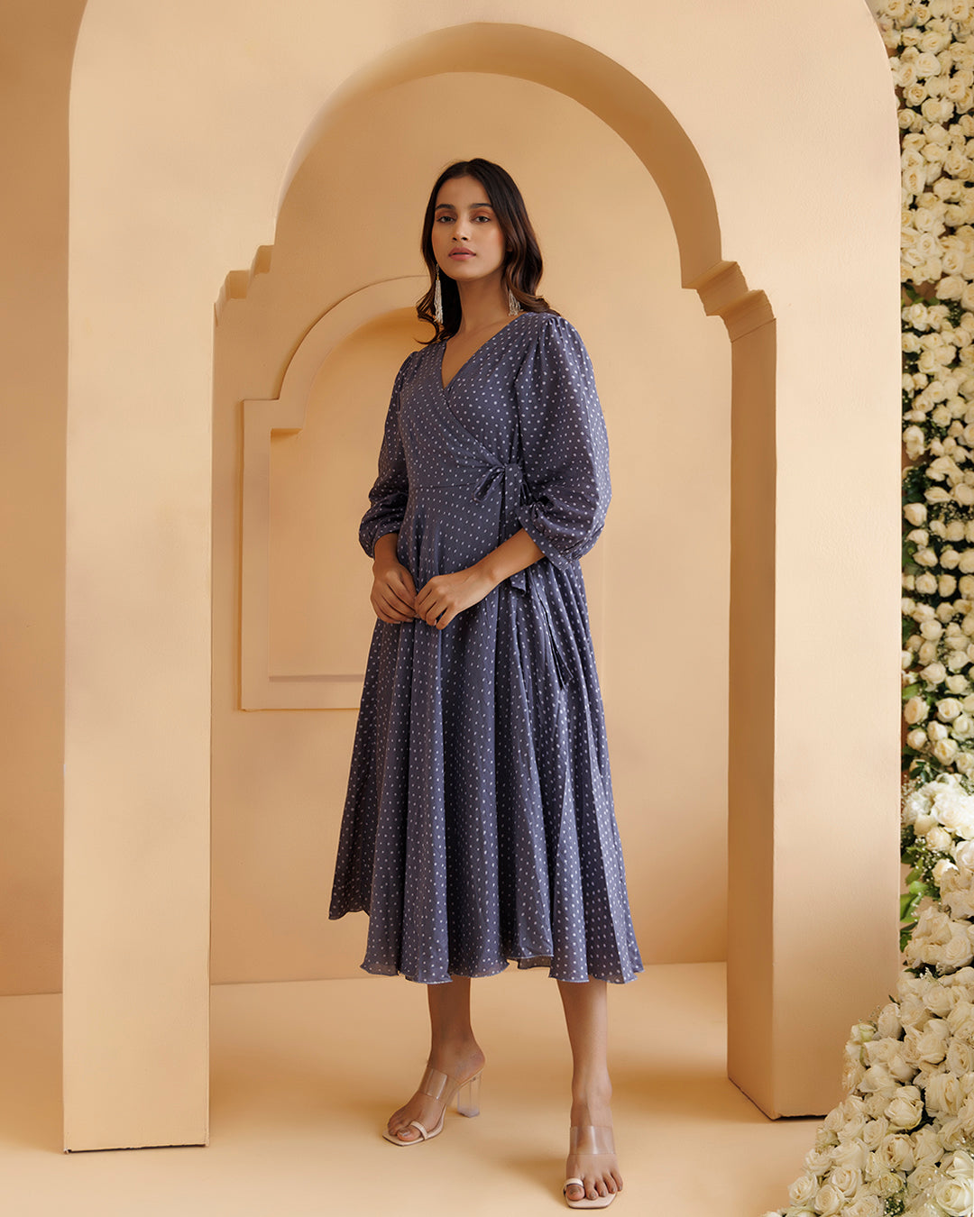 Qala Gray Polka Hand Block Printed Angrakha Dress