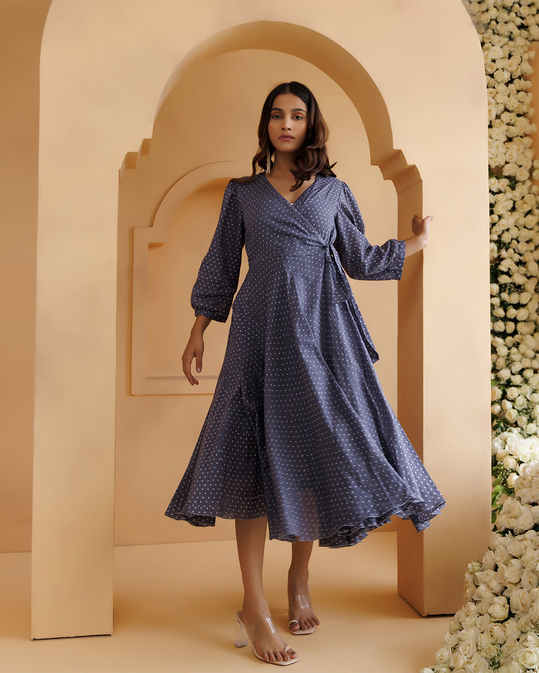 Qala Gray Polka Hand Block Printed Angrakha Dress