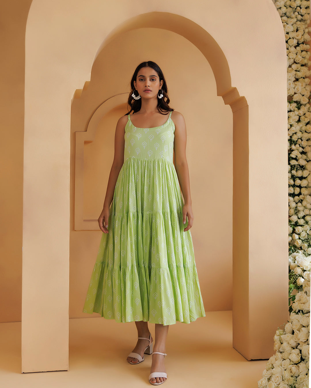 Qala Pista Green Hand Block Printed Tier Dress