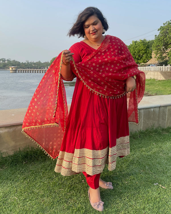 Red Mulmul Cotton Anarkali Gotta Patti Suit Set