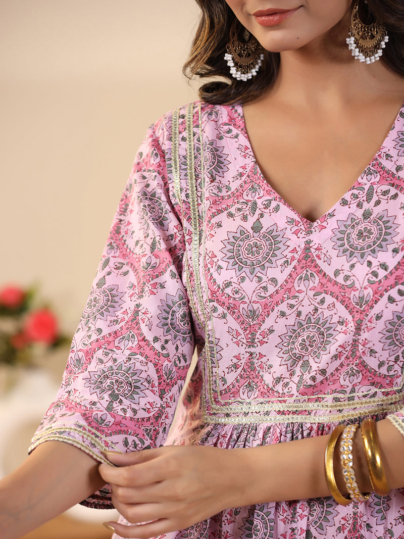 Sadabahaar Pink Jaal Handblock Printed Cotton Kurta Pant Set