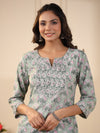 Sadabahaar Sea Green & Pink Butti Handblock Printed Cotton Kurta Pant Set