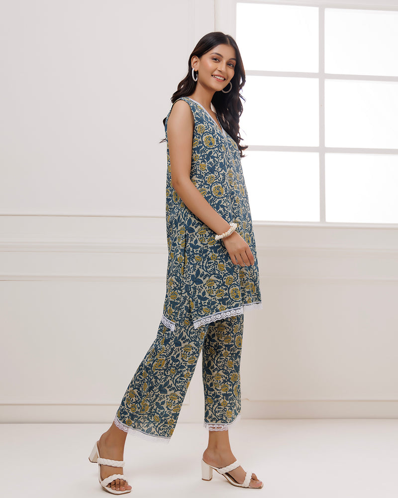 Noor Teal Dabu Block Butta Printed Kurta Pant Set