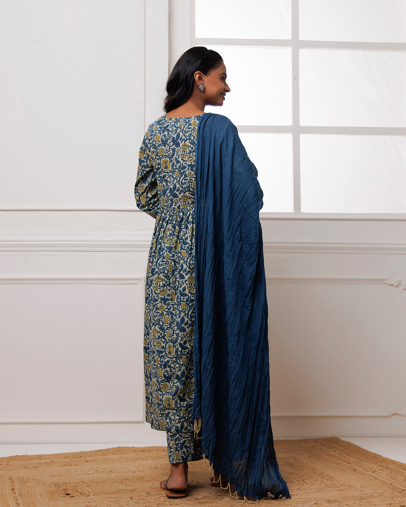 Noor Teal Dabu Block jaal Printed Gathered Suit set