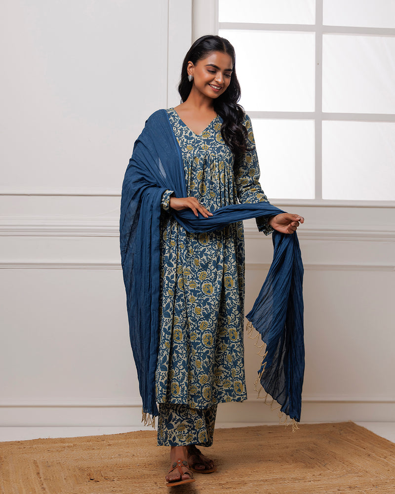 Noor Teal Dabu Block jaal Printed Gathered Suit set