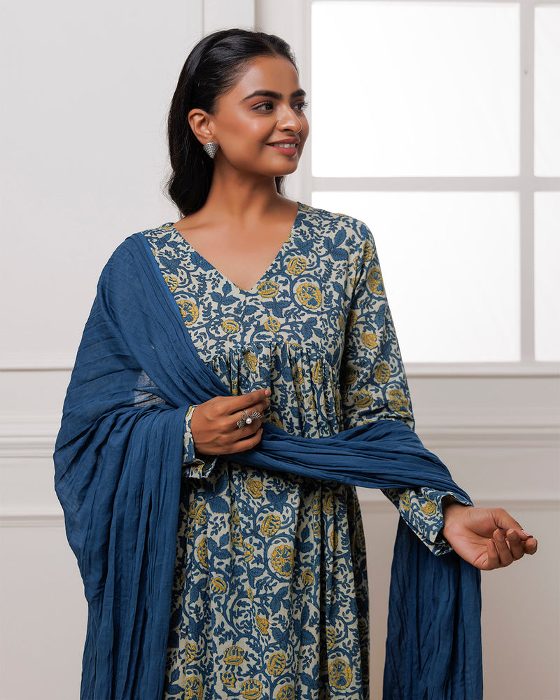 Noor Teal Dabu Block jaal Printed Gathered Suit set