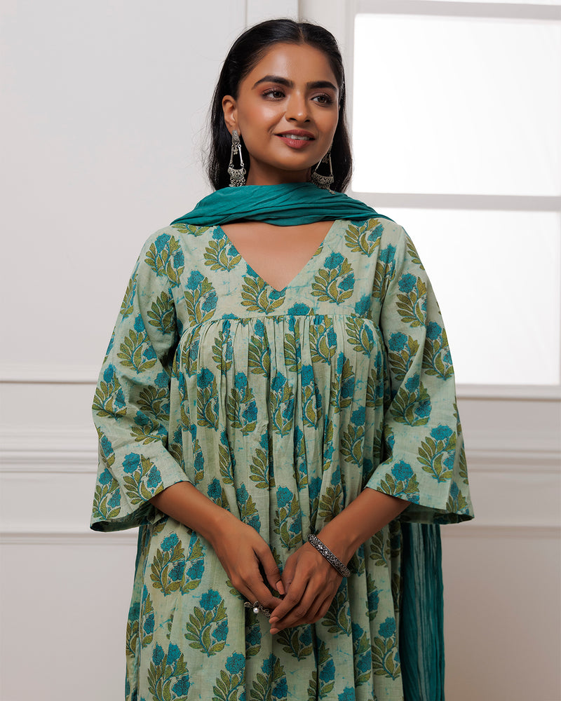 Noor Turquoise Dabu Block Butta Printed Gathered Suit set