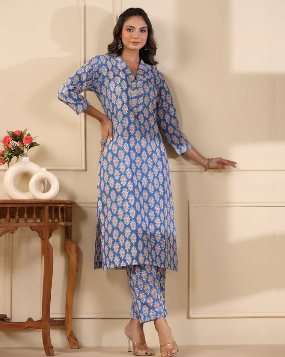 Sadabahar Blue Buti Handblock Print Cotton Kurta & Pant Set