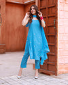 Heer Turquoise Hand Embroidered Silk Kurta Pant with Hand Painted Dupatta