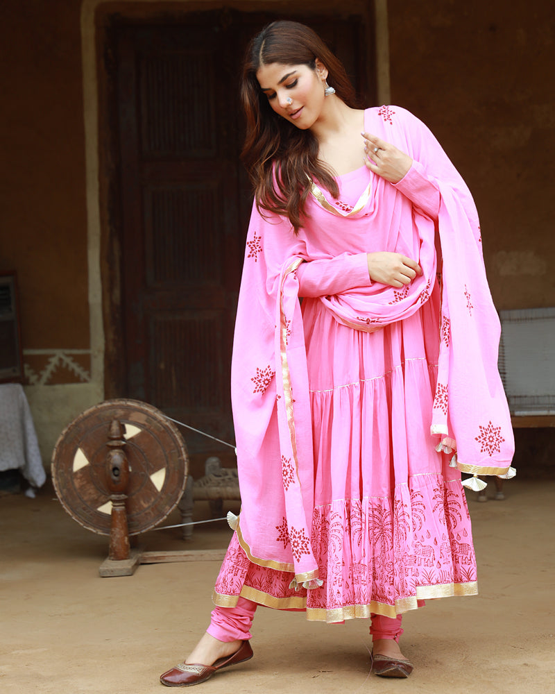Bahaar Pink Handblock Printed Anarkali Suit Set