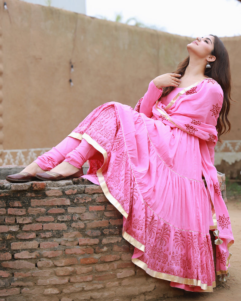 Bahaar Pink Handblock Printed Anarkali Suit Set