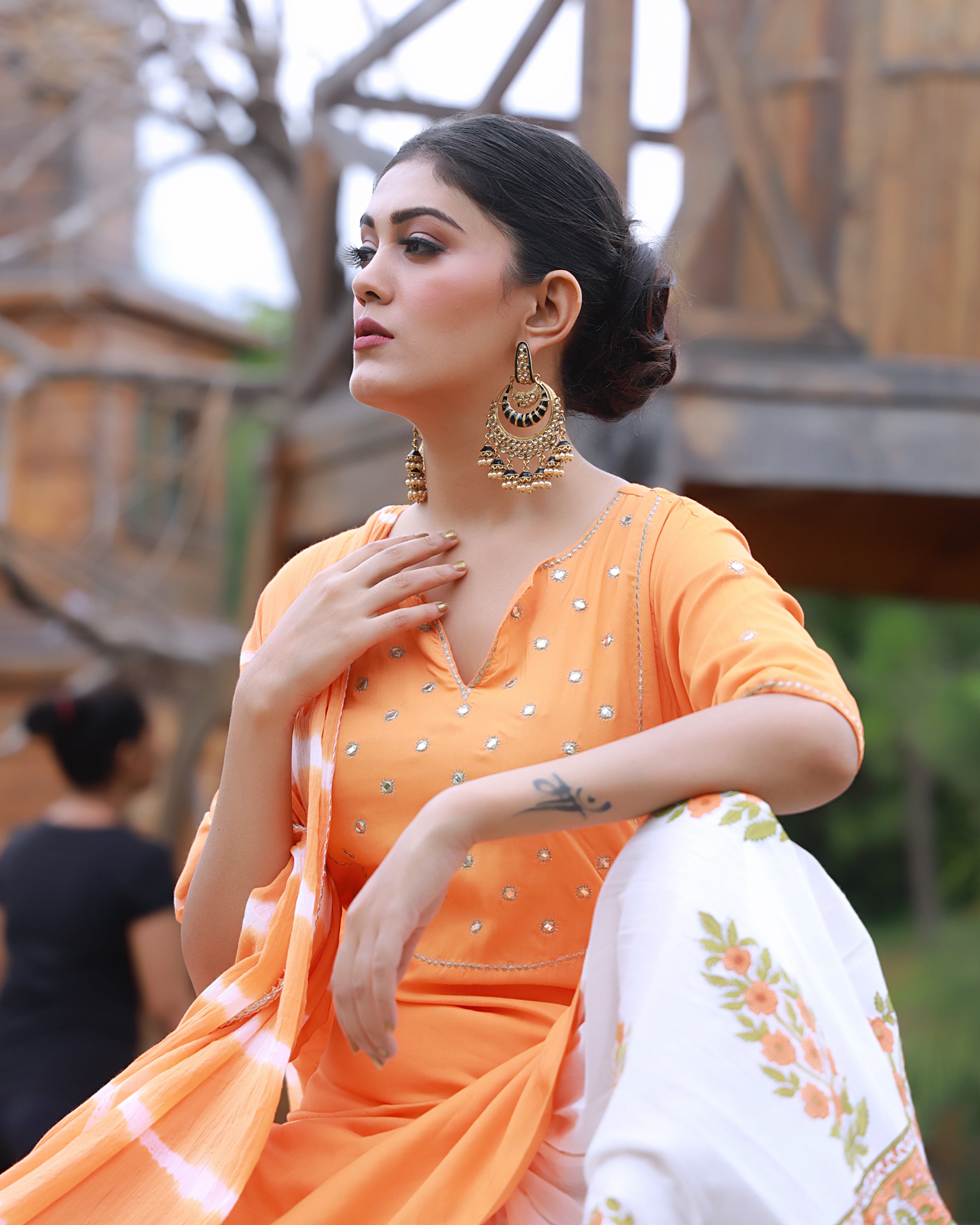 Bahaar Orange Handblock Printed Sharara Suit Set