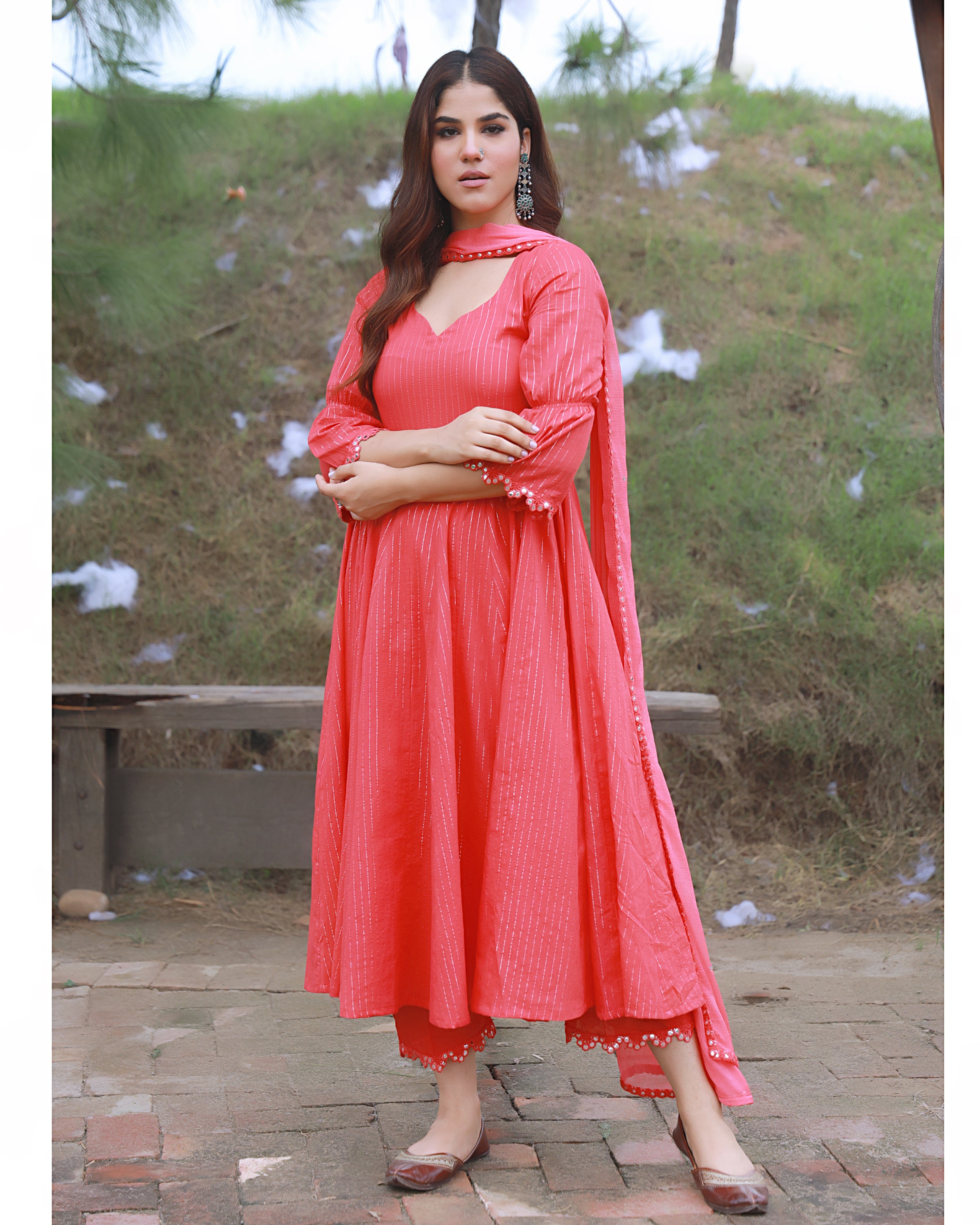 Coral Cotton Lurex Anarkali Suit
