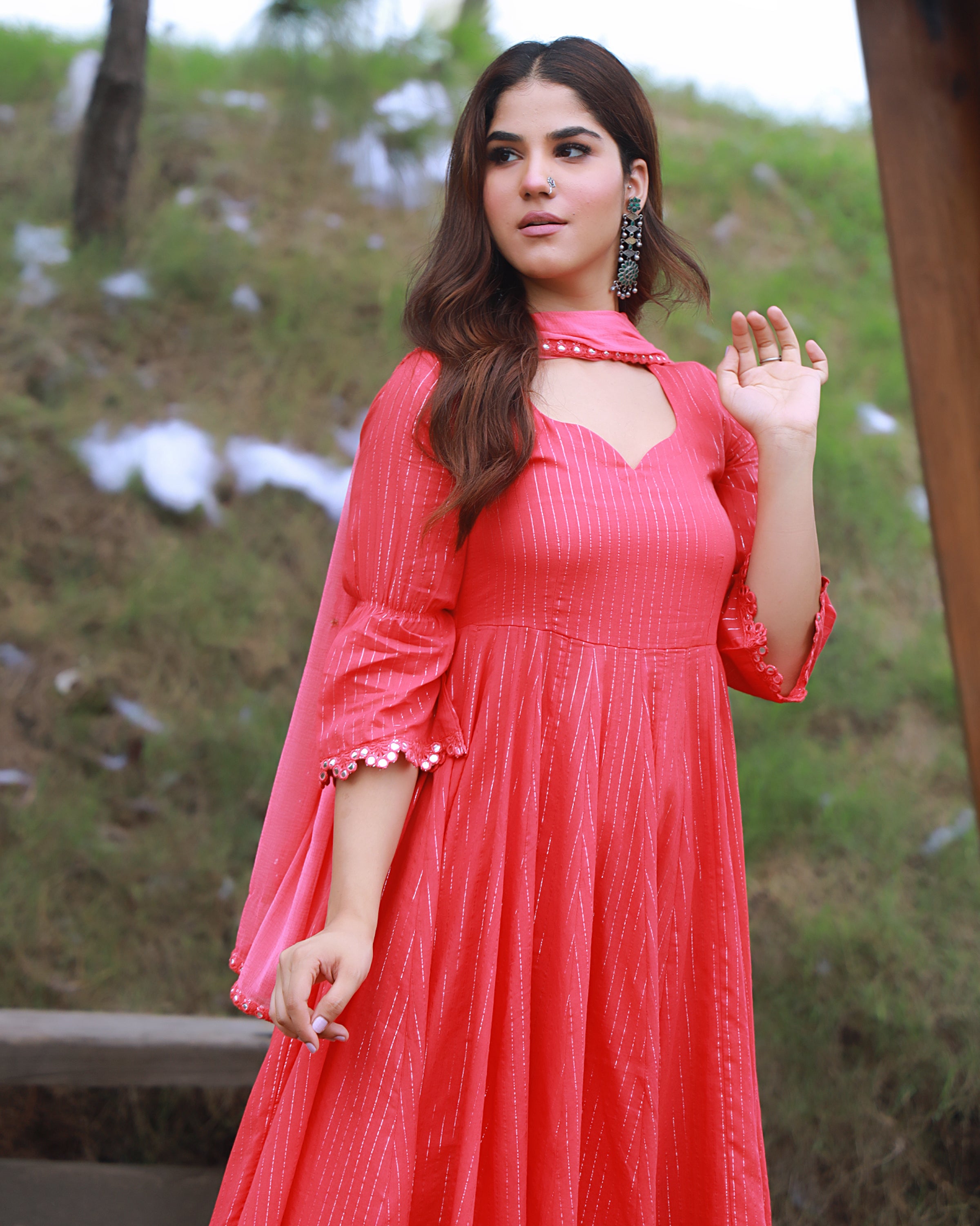 Coral Cotton Lurex Anarkali Suit