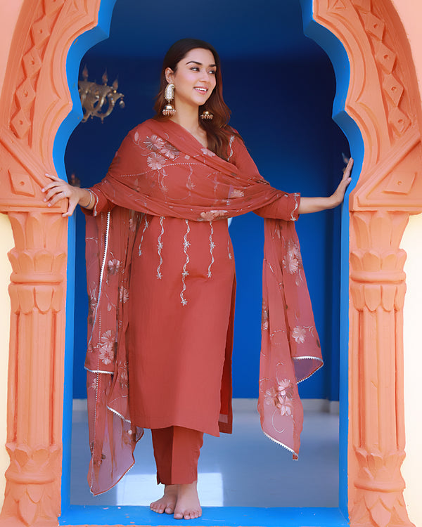 Heer Copper Hand Embroidered Silk Kurta Pant with Hand Painted Dupatta