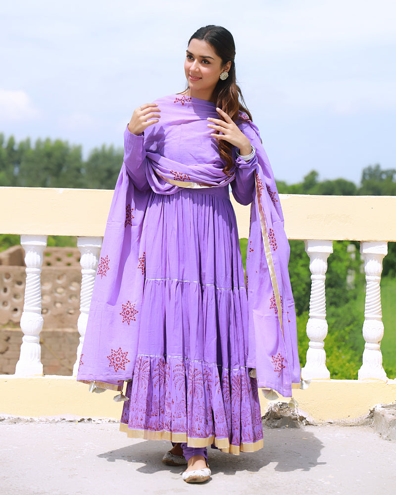 Bahaar Lavender Handblock Printed Anarkali Suit Set