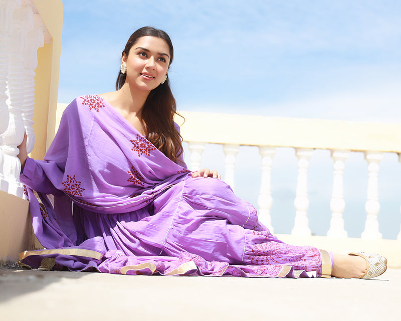 Bahaar Lavender Handblock Printed Anarkali Suit Set