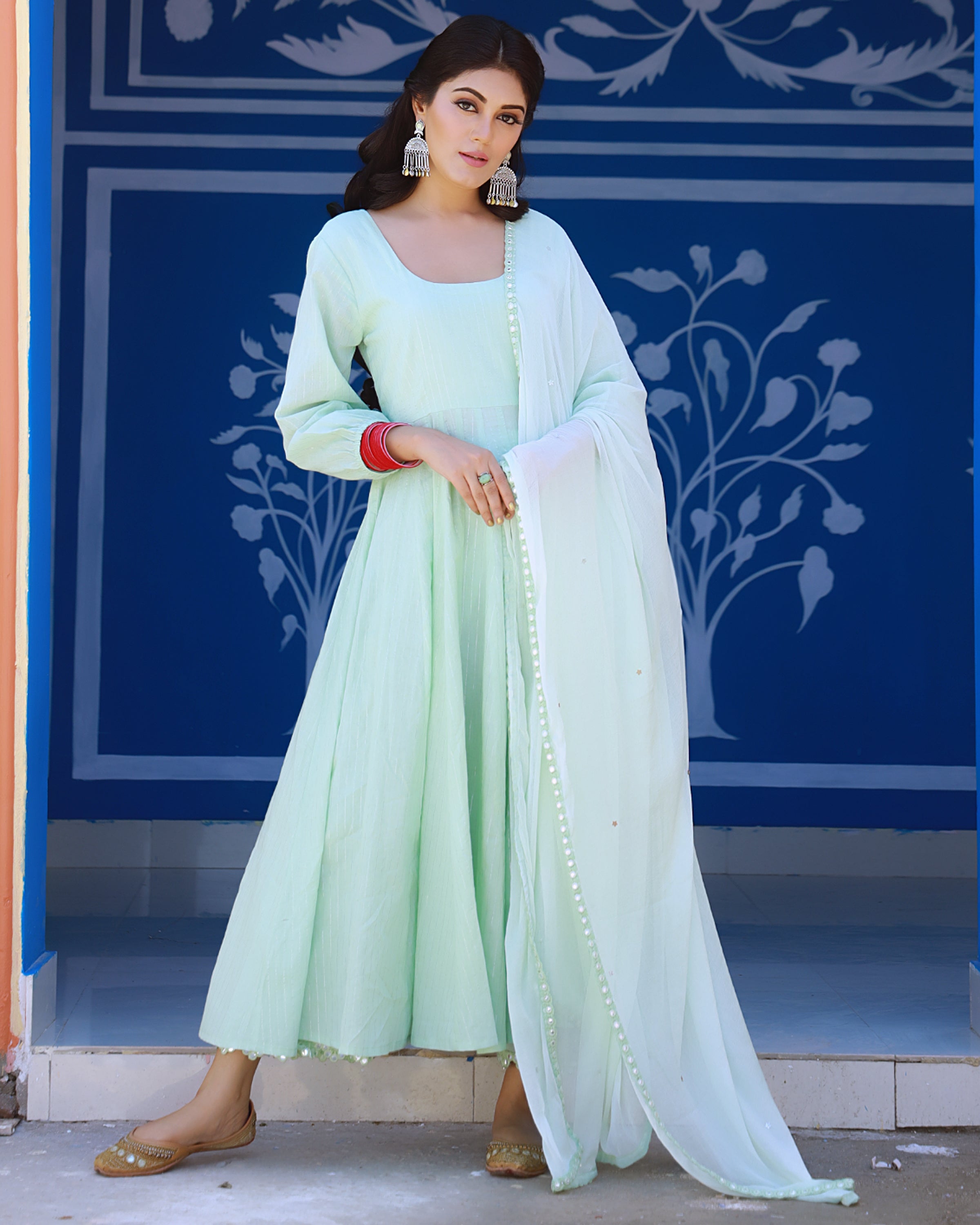 Sea Green Cotton Lurex Anarkali Suit