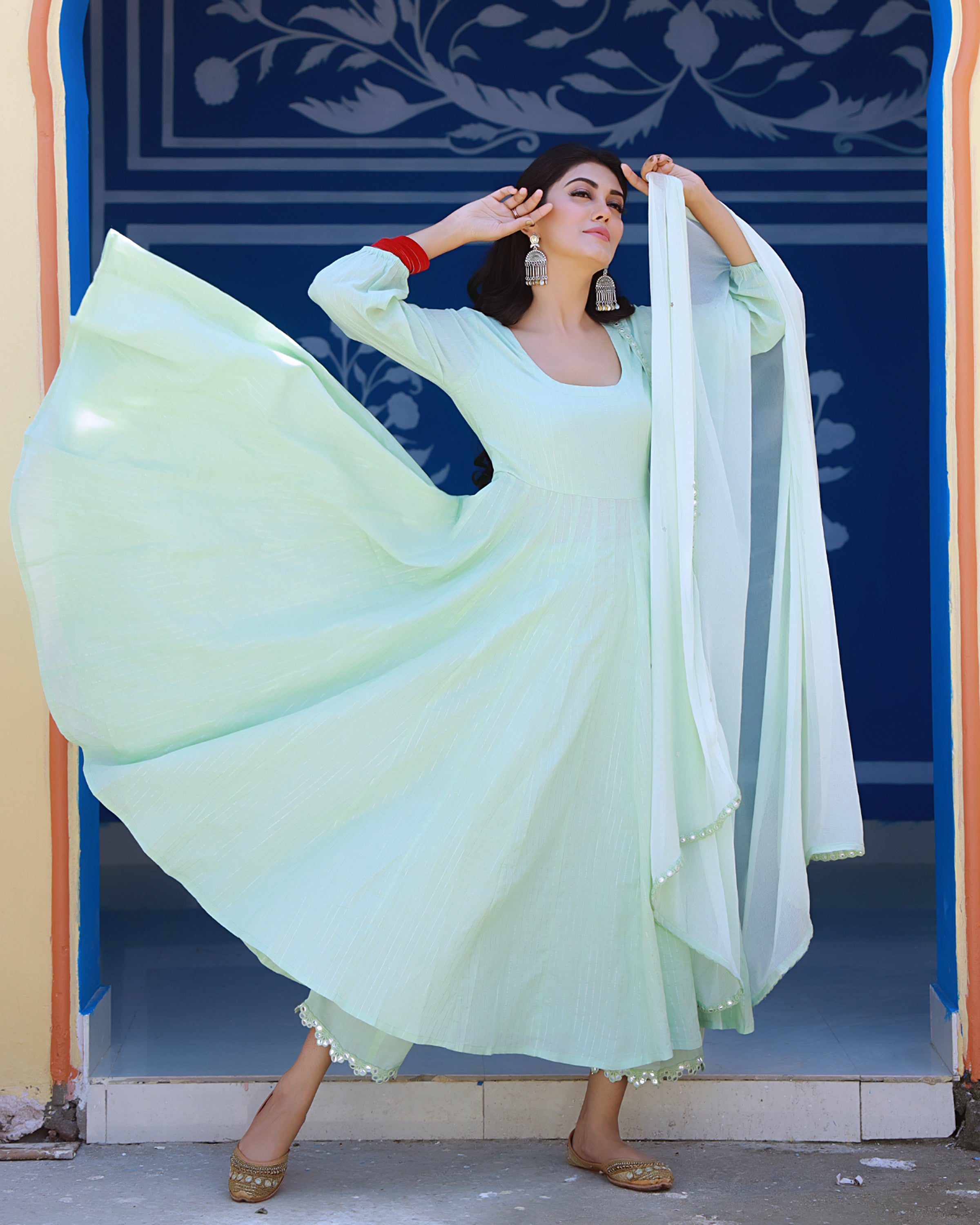 Sea Green Cotton Lurex Anarkali Suit