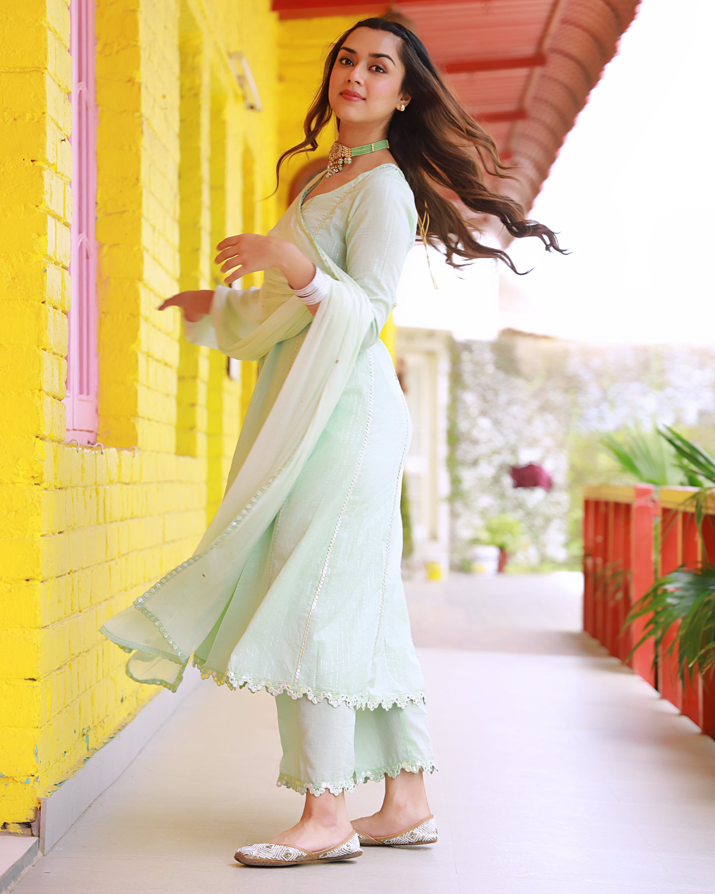 Sitara Sea Green Lurex A-line Suit Set