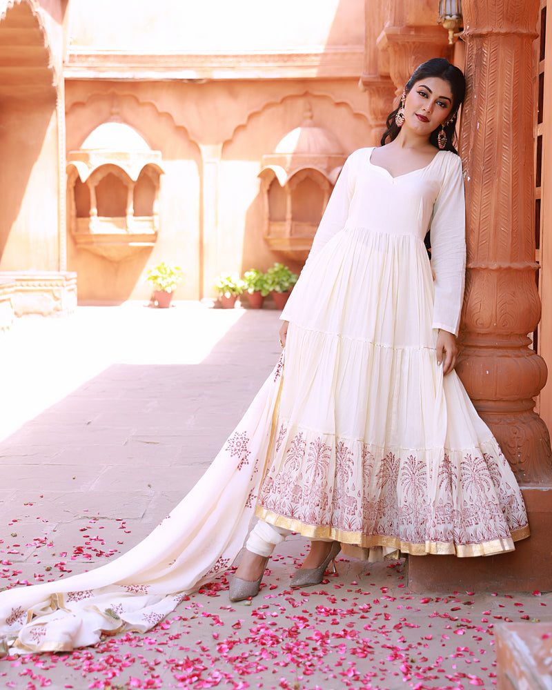 Bahaar Beige Handblock Printed Anarkali Suit Set