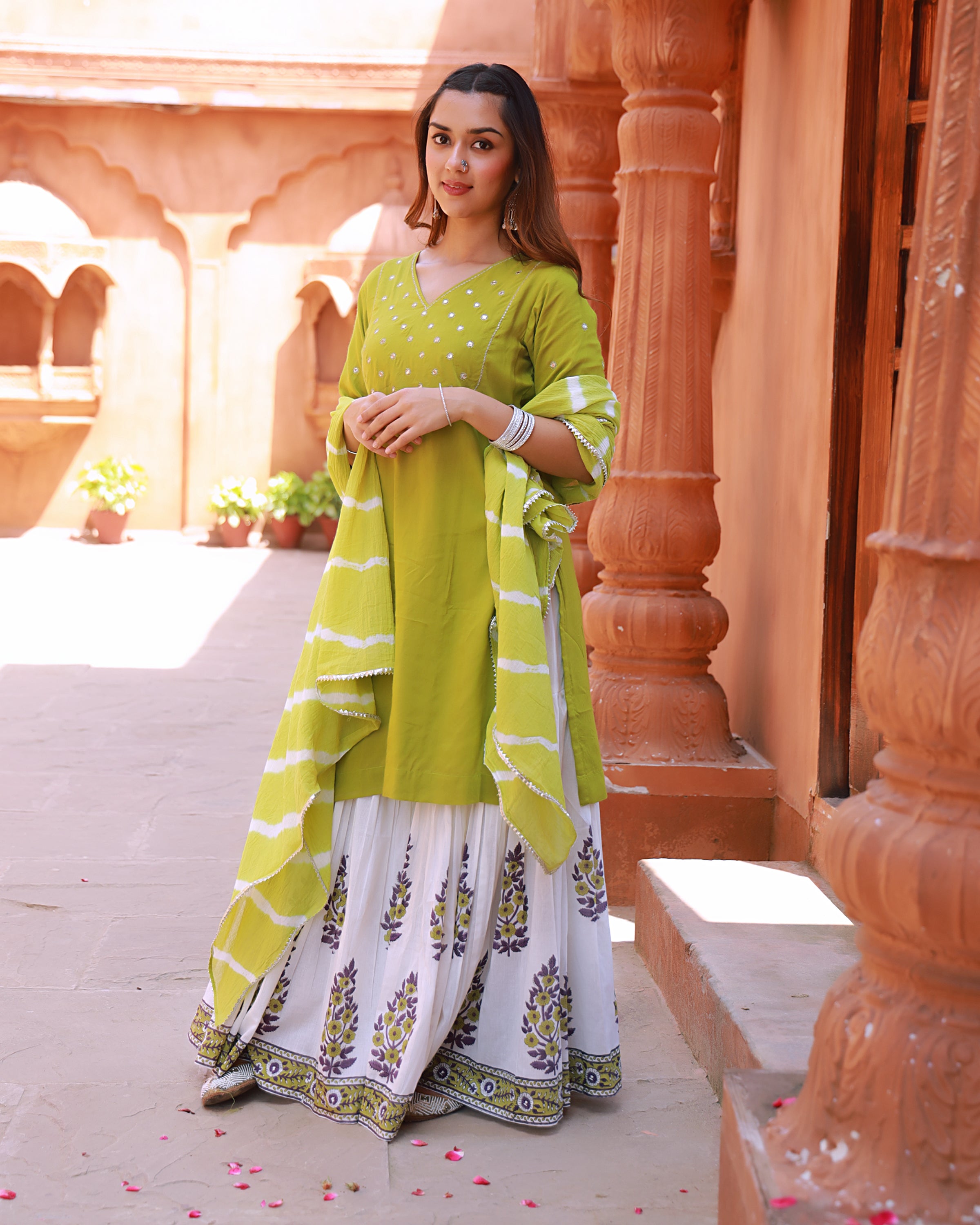 Bahaar Green Handblock Printed Sharara Suit Set