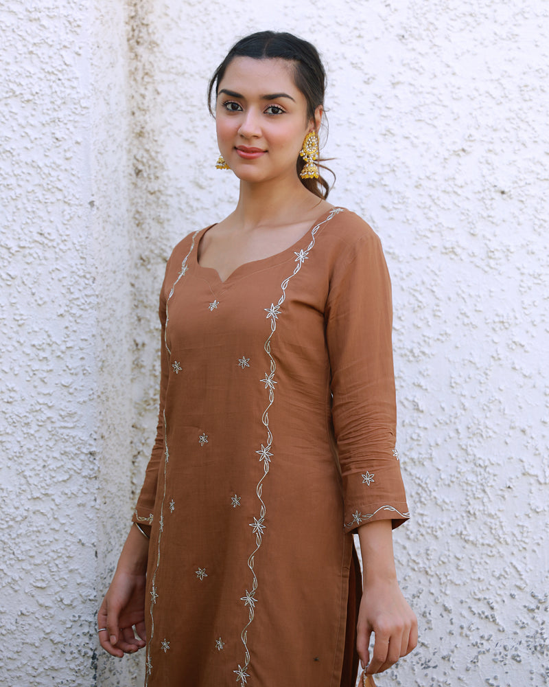 Heer Brown Hand Embroidered Silk Kurta Pant with Hand Painted Dupatta